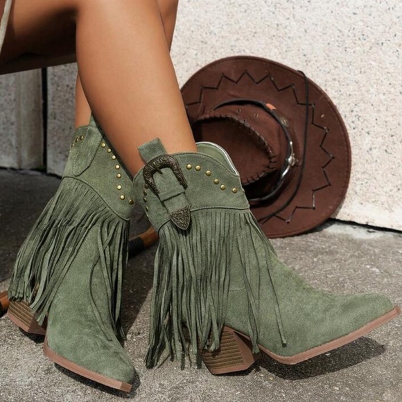Olive Fringe Ankle Booties - Picture 1 of 6